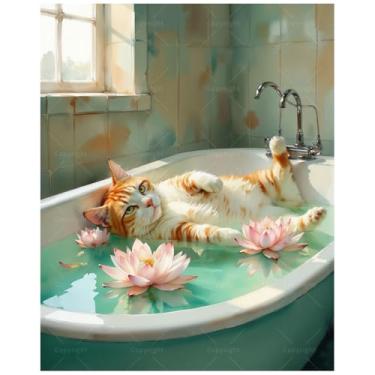 Imagem de Kit de pintura relaxante para gatos por números para adultos - DIY laranja gatinho na banheira pintura em tela 40,6 x 50 cm, conjunto de tinta acrílica, adequado para iniciantes, arte para decoração