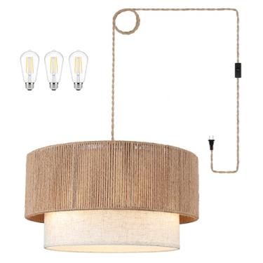 Imagem de Luz pendente plugue, lustre de vime boho de 45,7 cm com cortina de tecido, interruptor liga/desliga E26, luminária pendente suspensa para sala de jantar, sala de estar, cozinha foyer