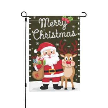 Imagem de Bandeira de jardim de Feliz Natal para o exterior - Faixa exterior de inverno, tema de Papai Noel coberto de neve e rena para decoração de quintal