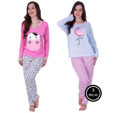 Imagem de Kit 2 Pijamas Longo Estampado Feminino -c9 KIT 2 BICHINHO LONGO VAQUIN
