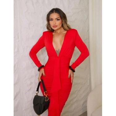 Imagem de Vestido Midi Manga Longa Drapeado com Babado - luh may, Vermelho, P