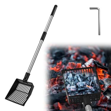 Imagem de Peneira de cinzas de lareira de cabo longo, pá de carvão de metal vazada, pá de carvão ajustável, ferramentas de lareira resistente ao calor para fogão a lenha (66 cm/91 cm)