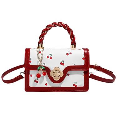 Imagem de Bolsa de couro cereja – Linda bolsa de ombro Y2K para mulheres, bolsa de mão vermelha com alça superior, bolsa clutch com estampa de frutas, Bokendi quadrado vermelho, Small, Casual