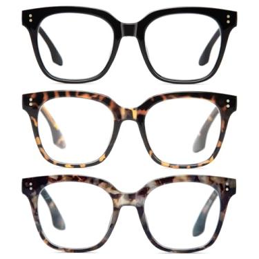 Imagem de JixGien Óculos de leitura para mulheres – Óculos quadrados estilo Oprah com bloqueio de luz azul e dobradiça de mola para computador, Carapaça de tartaruga preta e azul, 3.50