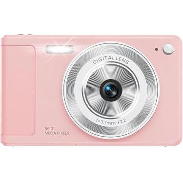 Imagem de Câmera digital, câmeras rosa para fotografia, vlogging no YouTube, zoom 16X UHD câmera compacta com foco automático e tela flip com cartão SD de 32 GB, câmera fotográfica pequena para crianças