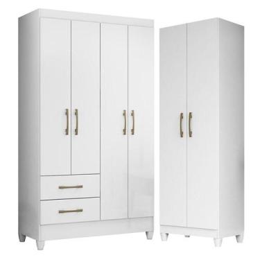 Imagem de Guarda Roupa Solteiro Chile e Armário Multiuso New Iris Branco Brilho-