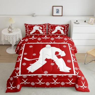 Imagem de Erosebridal Conjunto de edredom completo de hóquei no gelo, bola de esportes de inverno, para crianças, meninos, meninas, equipamentos, edredom com pau, floco de neve mágico, macio, quente, vermelho