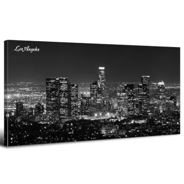 Imagem de Arte de parede do horizonte de Los Angeles preto e branco LA pintura em tela paisagem urbana Califórnia Downtown Night View decoração de parede moderna cidade urbana arranha-céus impressões de pôster