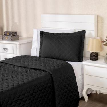 Imagem de Kit Colcha Veneza Solteiro 3 Peças | Cobre-Leito Liso + Fronha + Lençol com Elástico Branco | Roupa de Cama Solteiro Completa e Prática (Preto)