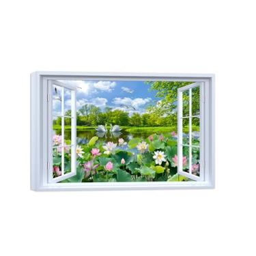 Imagem de Falsas Janelas Paisagens Impressões em Tela-Árvore Lago lótus-Quadro Arte Moderna-Natureza Pintura Pronta para Pendurar Tela Embrulhada 80x120cm