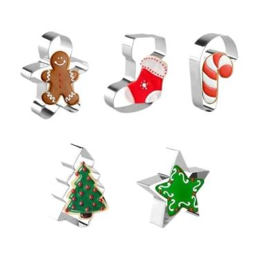 Imagem de OHAOLYLE Conjunto de 5 peças de cortadores de biscoito de Natal – Homem de gengibre, meias, bengala doce, árvore de Natal, formas de estrela, conjunto de moldes de cortador de biscoito de aço