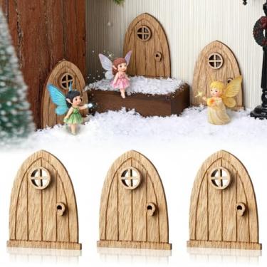 Imagem de Yalikop 3 peças de porta de fada de madeira de Natal para tronco de árvore de parede 5 cm miniatura casa de rato porta de elfo gênio com fechadura de janela vazada faça você mesmo artesanato de natal