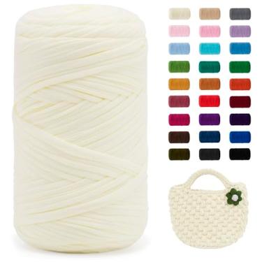 Imagem de JeogYong Fio de camiseta, 400 g/130 metros de tecido elástico para crochê, fita grossa de tecido de poliéster para sacos de crochê/cestas/tapetes, decoração de casa, artesanato DIY (creme)