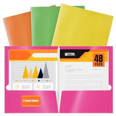Imagem de Pasta de papel neon laminado brilhante com 2 bolsos, tamanho de letra, carteiras de papel neon da Better Office Products, caixa com 48 a 4 cores neon