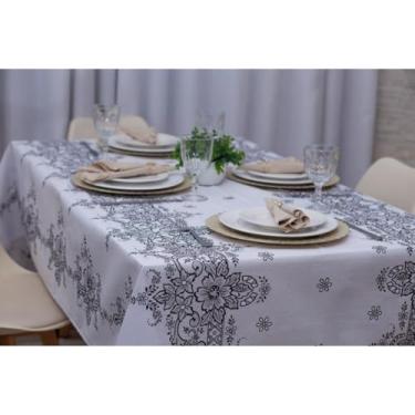 Imagem de Toalha de Mesa Linhão Premium Decorativa 4 e 6 Lugares – Estilo Rústico e Elegante para Sala de Jantar e Cozinha (Branca e Preta Pétalas,2,10 x 1.40 Mesa 6 Lugares)
