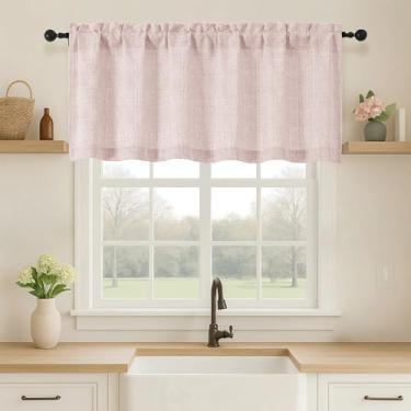 Imagem de OVZME Saia rosa blush para janelas, cortinas curtas de linho sintético texturizadas com filtro de luz para janelas, cortina curta de casa de fazenda com bolso duplo para banheiro, 152 cm L x 50 cm, 1