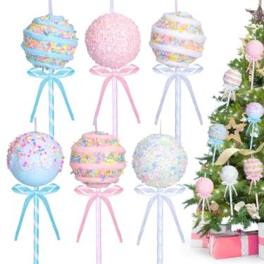Imagem de Conjunto de 6 peças de enfeites de Natal pastel de pirulito doce terra, bolas coloridas de macaron, pirulito e sobremesa, decoração para árvore de Natal, festa de aniversário infantil, suprimentos de