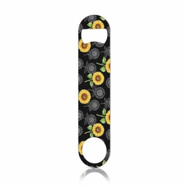 Imagem de TASDANA Abridor de garrafas de aço inoxidável girassol amarelo vibrante flor aquarela estilo vintage floral preto liso abridor de garrafa de cerveja chaveiro para casa cozinha bar restaurante festa