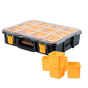 Imagem de POWERTEC Organizador de peças pequenas e caixa de ferramentas – 10 compartimentos, proteção IP65 contra água e poeira, armazenamento empilhável com trava intertravada, bandeja removível, tampa