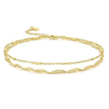 Imagem de CISSIEPERAL Tornozeleiras de ouro 14K para mulheres, tornozeleiras de ouro para mulheres, design de camada dupla, tornozeleira Singapura para mulheres