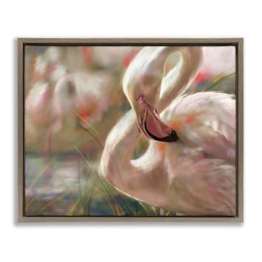 Imagem de Stupell Industries Arte de parede em tela flutuante emoldurada cinza Flamingo Sunset Preening, design de Mary Sparrow, 25 x 31