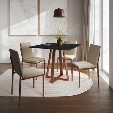 Imagem de Conjunto De Jantar Mesa Mônaco 90Cm Tampo Preto Com 4 Cadeiras Bege Base Cobre - Cor: Preto