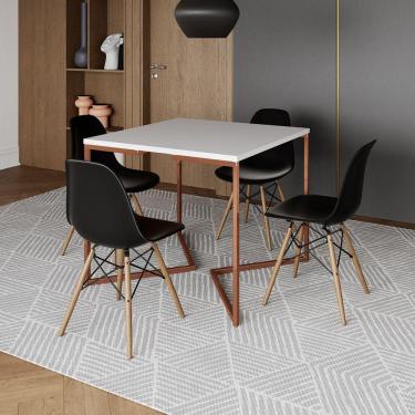 Imagem de Mesa Industrial Jantar Quadrada Branca 90X90Cm Base Cobre V Com 4 Cadeiras Pretas Madei Branco