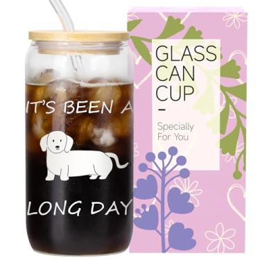 Imagem de JEWNOLEE Dachshund Gifts for Women Men It's Been A Long Day Dachshund Funny Iced Coffee Cup 473 ml Copos de vidro com tampas e canudos Escova de limpeza Caixa de presente pronta para presente Copo de