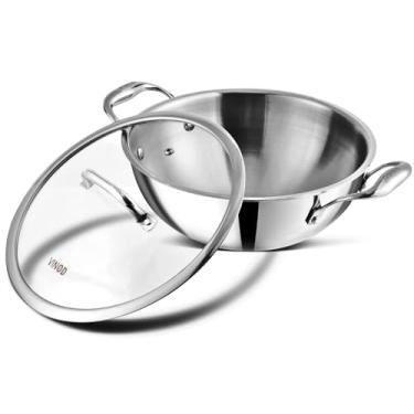 Imagem de Vinod Kadai de aço inoxidável triplo platina com tampa de vidro, 3,2 litros, 24 cm | Wok de 3 camadas com base pesada | Compatível com fogão a gás e indução | Frigideira de curry para fritar | Alças