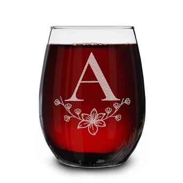 Imagem de Monograma com taça de vinho sem haste com gravação floral/flor inicial 425 g, presente personalizado para mulheres, homens, aniversário, ocasiões especiais (A)