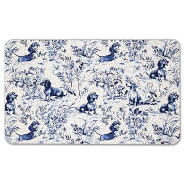 Imagem de WARDOS Chinoiserie Tapete de porta Dachshund, capacho de cachorro Weiner azul e branco para porta da frente para entrada interna e externa, tapete de boas-vindas para cães Grandmillennial Doxie, 43 x