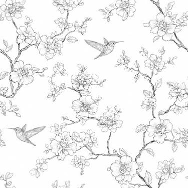 Imagem de MAGAFA Papel de parede de beija-flor preto e branco descasque e cole flores desabrochando papel de contato fácil de descascar papel de parede autoadesivo removível para gaveta de armário de cozinha 45