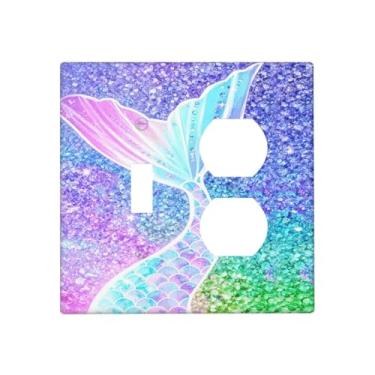 Imagem de SgEdao Capas de tomada decorativas, design de escama de sereia com brilhos iridescentes, placa de parede de 2 grupos, conjunto de interruptores de luz, conjunto duplex, capa de placa de interruptor