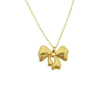 Imagem de Colar com laço feminino - pingente de laço delicado de aço inoxidável banhado a ouro 18K - lindo colar de fita - laço de pérola - joia impermeável sem manchas - presente de Natal para ela, Small, Aço