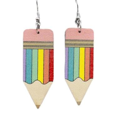 Imagem de TIANBANGSHI Brincos de giz de cera de madeira para mulheres, feitos à mão, engraçado, livro de lápis de maçã, coração, arco-íris, brincos pendentes para professores de volta às aulas, formatura, joias