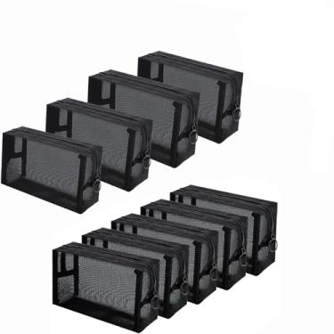 Imagem de WWEsemeren 10 peças bolsa de maquiagem de malha portátil respirável bolsa de higiene de viagem bolsa cosmética preta respirável bolsa de malha com zíper para escritório doméstico organizador de