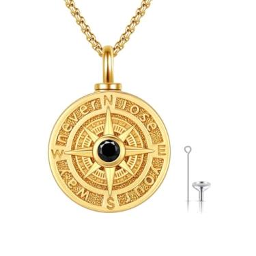 Imagem de Hagkew Colar de urna banhada a ouro 14K para cinzas de prata esterlina, bússola, formatura, amizade, talismã, viagem, pingente de viagem, colar memorial para homens e mulheres