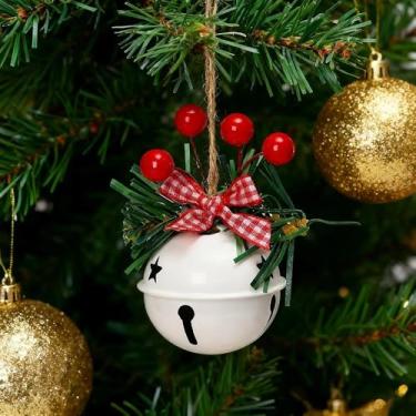 Imagem de Enfeite de sino de Natal com frutas vermelhas e laço xadrez – Decoração de trompete pendurado/sino redondo para árvore de Natal, porta, casa, escritório, decoração de festa de feriado (4,5 × 6,6 cm