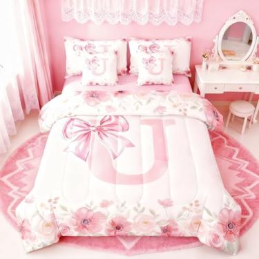 Imagem de Erosebridal Jogo de cama feminino com laço e letra U, com laço em U, floral, estilo princesa, sonhador, rosa, chique, conjunto de cama com lençol