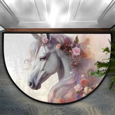 Imagem de Tapete de porta meio redondo, flor, unicórnio, psicodélico, antiderrapante, absorvente, semicírculo, tapetes laváveis, para ambientes internos e externos, pátio, cozinha, banheiro, entrada, lareira