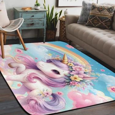 Imagem de Tapete antiderrapante para sala de estar, sala de estar, lavável à máquina, desenho de flor, unicórnio, tapete antiderrapante, tapete macio para sala de estar, quarto, sala de jantar, berçário