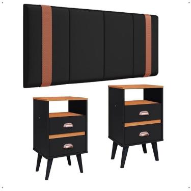 Imagem de Kit Mesa Cabeceira Classic Gavetas Organizadoras Retrô Preto/Cinamomo Painel Suspenso Estofado Cama Box Queen Size 1,60 Suede - Lojas RPM