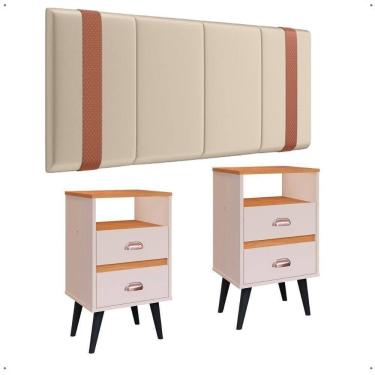Imagem de Kit Mesa Cabeceira Classic Gavetas Organizadoras Retrô Off White/Cinamomo Painel Suspenso Estofado Cama Box Queen Size 1,60 Bege Suede - Lojas RPM