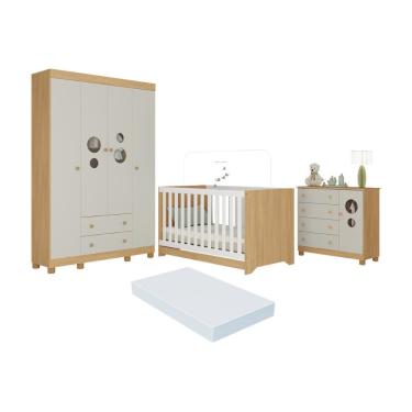 Imagem de Quarto De Bebê Completo Berço Americano 3x1 Colchão Bombom Multimóveis MP4630 Madeirado-off White