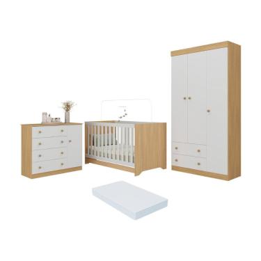 Imagem de Quarto De Bebê Completo Berço Americano 3 Em 1 Colchão Encanto Multimóveis MP4605 Madeirado-branco