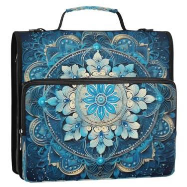 Imagem de Wassud Fichário mandala azul com zíper 3 anéis com alça de ombro e alça vários bolsos expansíveis organizador de pasta de arquivos 33 centímetros