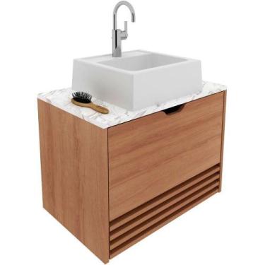 Imagem de Gabinete De Banheiro 60 Cm 1 Porta Com Cuba Sâmia Amêndoa/mármore Bran