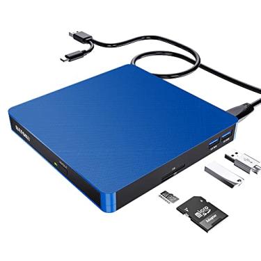 Imagem de HATOKU Unidade externa de CD DVD, gravador portátil USB 3.0 e tipo C com leitor de cartão SD/TF e 2 portas USB, óptico para PC Desktop/Laptop/Linux/Mac/Windows 11/10/8/7 (azul)