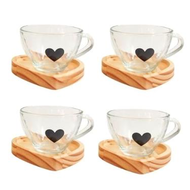 Imagem de Jogo Xícaras Café Chá com Pires Madeira Coração Rosa Presente Criativo Mesa Posta Cantinho do Café (4 Xíc. CHÁ Coração Preto+Pires)