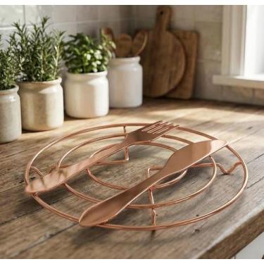 Imagem de Descanso de Panela Aramado Redondo Garfo Faca Metalizado Rose Gold - A